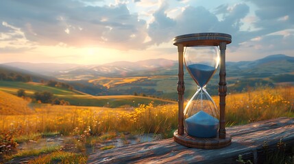  Slow life background with copy space, slowlife with an hourglass and a calm field backdrop 
