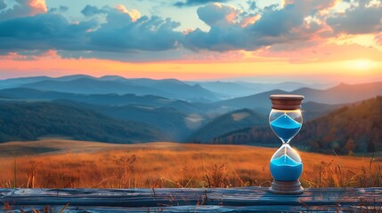  Slow life background with copy space, slowlife with an hourglass and a calm field backdrop 