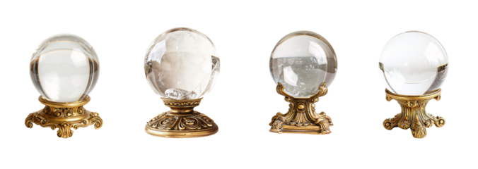 Four Crystal Balls on Ornate Golden Stands