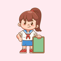 Cute girl wear sailor uniform hold blank space board for text kawaii chibi character mascot illustration