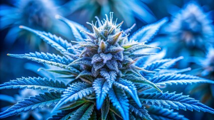 Blue Dream cannabis strain background with vibrant blue hues and frosty trichomes, marijuana, cannabis, Blue Dream, strain
