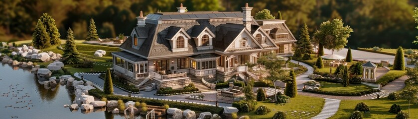 Classic architectural model, advanced security features, realistic setting, high resolution, timeless home design