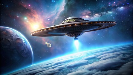 Obraz premium Spaceship and UFO flying together in space, spacecraft, flying saucer, extraterrestrial, galaxy, universe