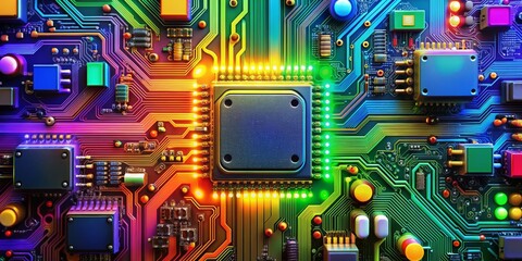 Fototapeta premium Circuit board background with colorful electronic components, technology, digital, motherboard, computer