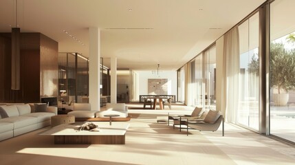 Fototapeta premium Open floor plan, minimalist interior decor, spacious and airy, modern home improvement, neutral colors, high resolution, architectural precision