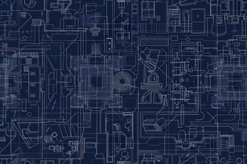 Fototapeta premium A blue and white drawing of a city with many buildings and lines, generative ai image.