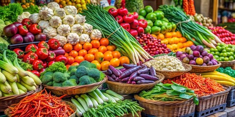 Fototapeta premium Fresh vegetables beautifully arranged on a colorful market stall, market stall, fresh produce, vegetables