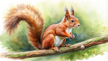 Watercolor painting of a red squirrel on a branch, red squirrel, watercolor, painting, branch, nature, wildlife, animal, cute, fluffy