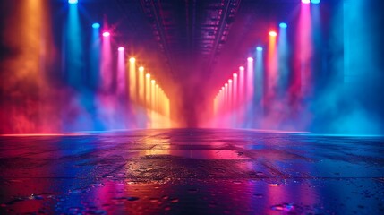 Naklejka premium Banner background of an empty stage with colorful spotlights and copy space 