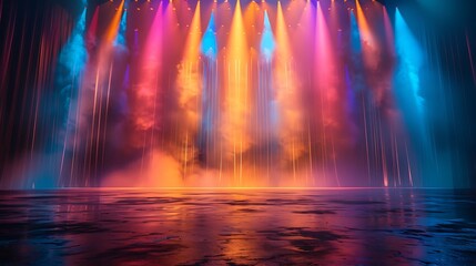 Obraz premium Banner background of an empty stage with colorful spotlights and copy space 