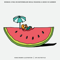 Woman lying on watermelon while reading a book in summer