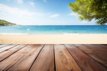 Fototapeta premium Wooden podium to present products with beach in the background. Minimalist and clean design in blue and wood. Mockup for branding, packaging
