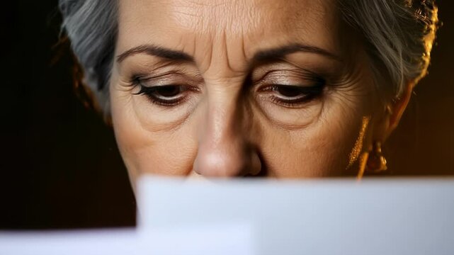 Closeup shots of a greyhaired woman reviewing and providing feedback on a project taking into consideration the perspectives and contributions of all team members.