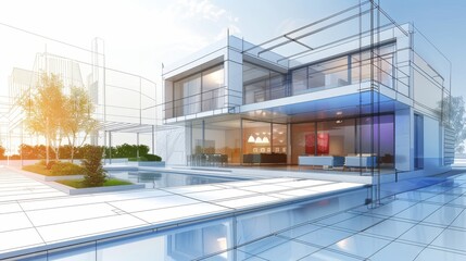 Obraz premium Modern house blueprint, real estate investment, intricate details, realistic background, high resolution