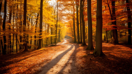 Autumn's Serene Solitude: The Tranquil Beauty of a Forest Trail Surrounded by Vibrant Fall Foliage