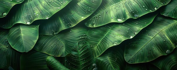 Fototapeta premium Banana leaves with dew drops, closeup, flat design, top view, tropical morning, 3D render, Splitcomplementary color scheme, copy space for text