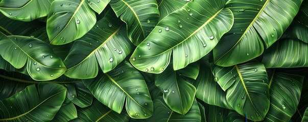 Fototapeta premium Banana leaves with dew drops, closeup, flat design, top view, tropical morning, 3D render, Splitcomplementary color scheme, copy space for text