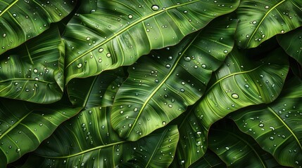 Fototapeta premium Banana leaves with dew drops, closeup, flat design, top view, tropical morning, 3D render, Splitcomplementary color scheme, copy space for text