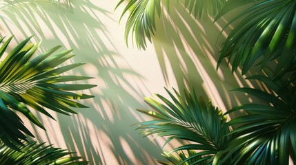 Bright sunlight on palm leaves with shadow details, flat design, top view, exotic oasis, animation, colored pastel, copy space for text