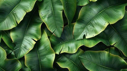 Banana leaves with dew drops, closeup, flat design, top view, tropical morning, 3D render, Splitcomplementary color scheme, copy space for text