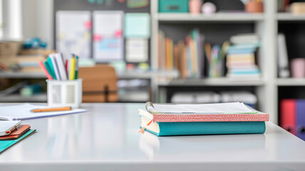 A book on a desk with a view of a lot building in the background. book on desk, tall building view, urban landscape, office setting, city view, workplace setup, business district, office desk,