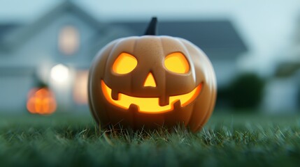 A pumpkin with a scary face is sitting on a grassy lawn