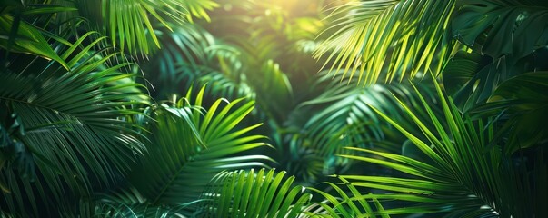 Palm foliage lit by sun with intricate shadows, flat design, top view, rainforest canopy, water color, Complementary Color Scheme, copy space for text