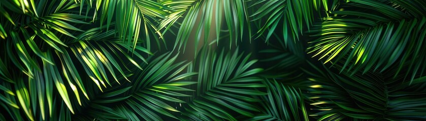 Obraz premium Palm fronds illuminated by sunlight with shadow play, flat design, top view, jungle retreat, 3D render, Splitcomplementary color scheme, copy space for text