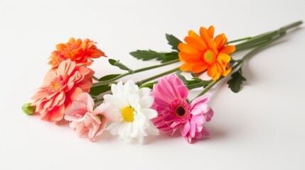 A bouquet of flowers with pink, white, and orange flowers