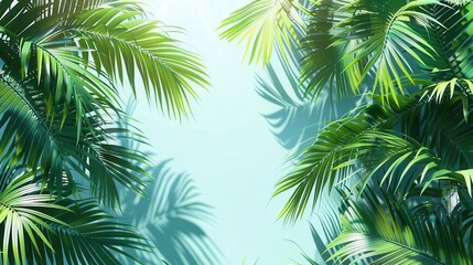 Palm tree leaves under bright sunlight, creating intricate shadows, flat design, top view, tropical beach, cartoon drawing, vivid, copy space for text