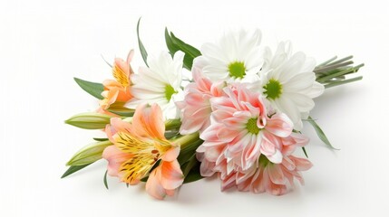 Obraz premium A bouquet of flowers with pink and white flowers and green leaves