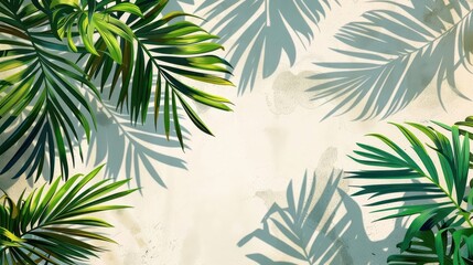 Palm tree leaves under bright sunlight, creating intricate shadows, flat design, top view, tropical beach, cartoon drawing, vivid, copy space for text