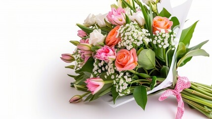A bouquet of flowers with pink, white, and orange flowers
