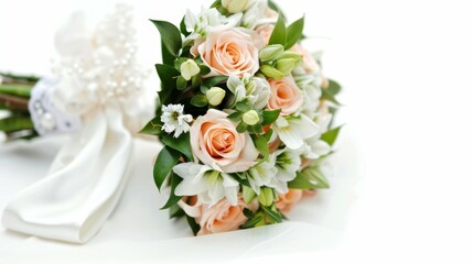 A bouquet of flowers with white ribbon and a white background