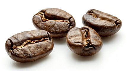 Obraz premium A close up of a bunch of coffee beans on a white background. coffee beans, close-up, white background, coffee bean close-up, roasted coffee beans, coffee bean texture, coffee bean background,