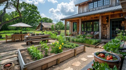 Rustic setting with farmhouse elements, such as a garden with native plants and wood decor. generative ai