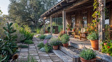 Obraz premium Rustic setting with farmhouse elements, such as a garden with native plants and wood decor. generative ai