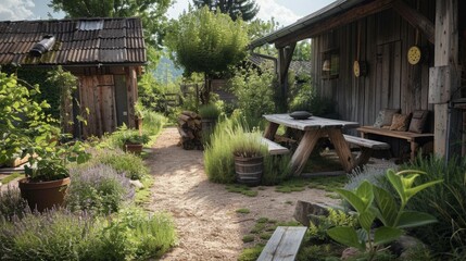 Rustic setting with farmhouse elements, such as a garden with native plants and wood decor. generative ai
