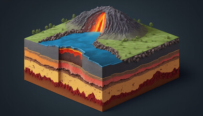 Cross-section of a piece of the earth's crust, different composition and dynamic processes in the earth's layers and the geological changes on the earth's mantle, volcanic activity