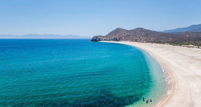 Panoramic view of the sea of cortes in La Paz Vaja California Sur. Mexico, sunny sumer morning in the baja peninsula. EL SALTITO BEACH
