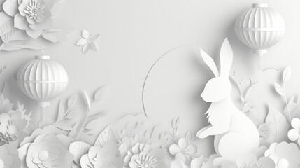 Greeting banner in paper art design, with elegant Chinese lantern contours, rabbit silhouette and floral patterns