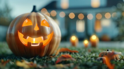 A pumpkin with a smiley face on it is lit up and placed on a lawn
