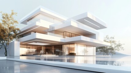 Fototapeta premium 3D modern house model, blueprint style, futuristic design, sleek lines, digital rendering, soft lighting, neutral background, high resolution