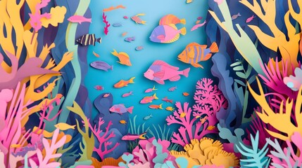 29. "A paper cut design of a vibrant underwater scene with layered fish, coral, and seaweed in bright colors