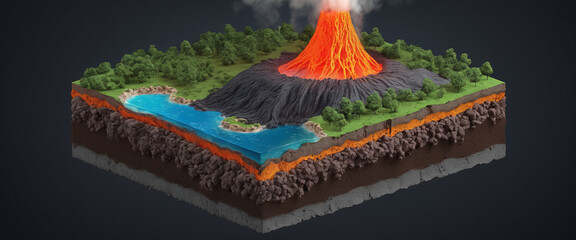 Cross-section of a piece of the earth's crust, different composition and dynamic processes in the earth's layers and the geological changes on the earth's mantle, volcanic activity