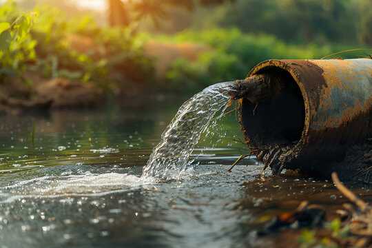 A pipe is spewing water into the ocean, generative ai image.