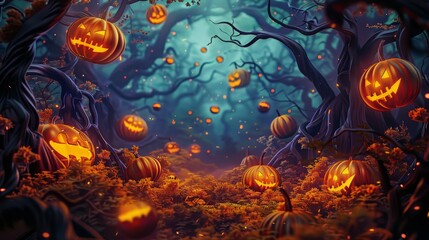 A forest scene with many pumpkins and leaves