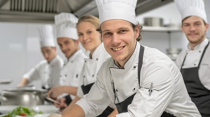 Obraz premium Story of a group of chefs working together to create a unique dining experience, emphasizing how teamwork and collective creativity lead to culinary success Height Resolution Photo, , Minimalism,