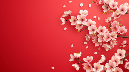 Obraz premium Happy chinese new year with sakura flowers and red background