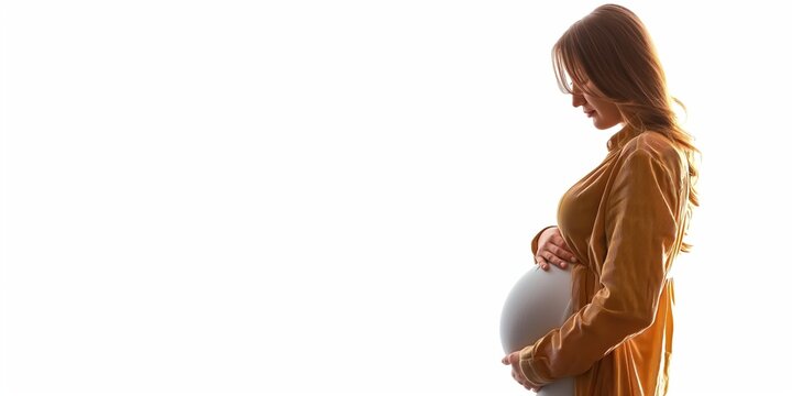 Expecting mother in profile holding her pregnant belly, serene facial expression, gently cradling her baby bump, warm lighting concept